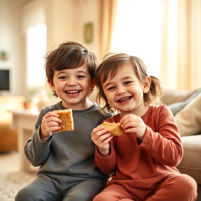 Zwei Kinder lachen und teilen einen Snack