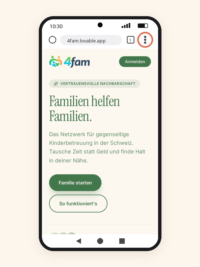 Chrome auf einem Android-Smartphone mit hervorgehobenem Drei-Punkte-Menü