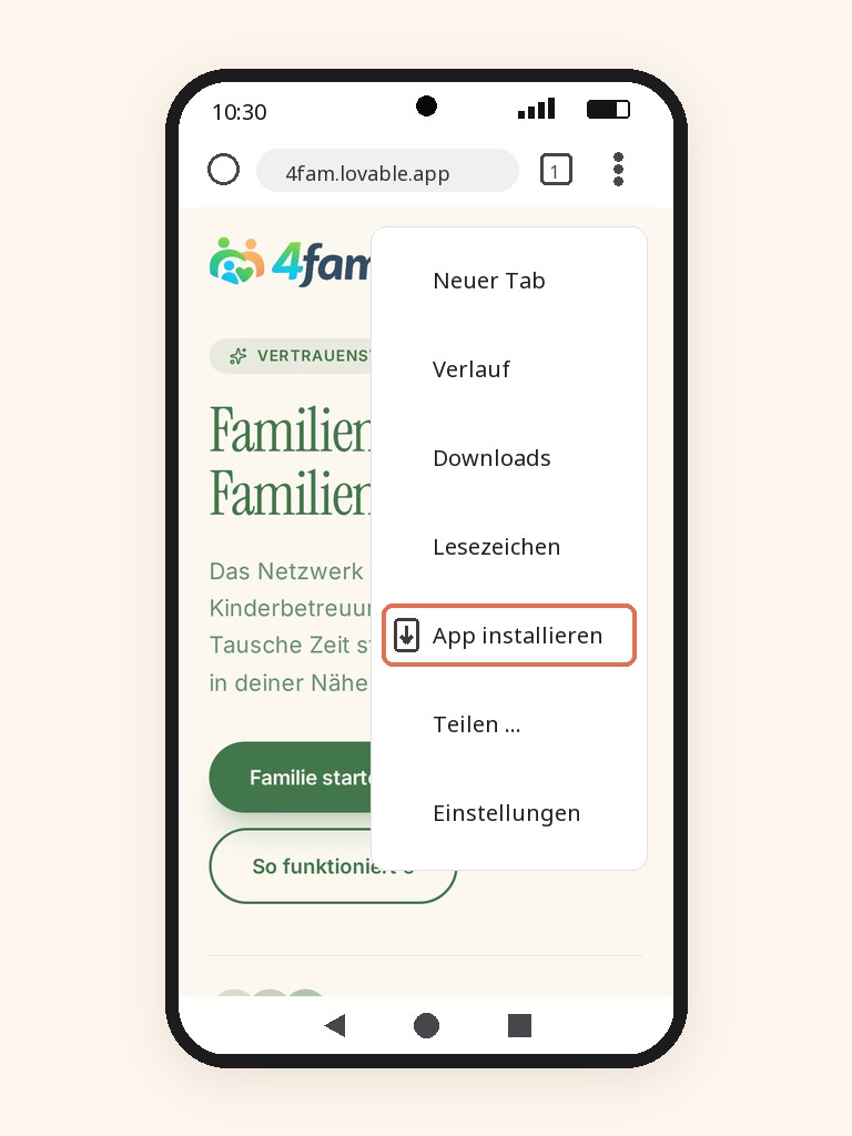 Chrome-Menü auf Android mit hervorgehobenem Eintrag App installieren
