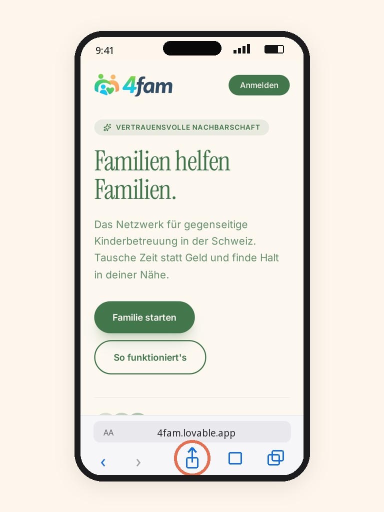 Safari auf dem iPhone mit hervorgehobenem Teilen-Symbol in der unteren Leiste