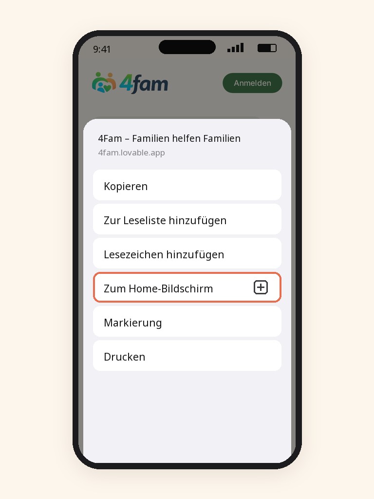 iOS Teilen-Menü mit hervorgehobenem Eintrag Zum Home-Bildschirm